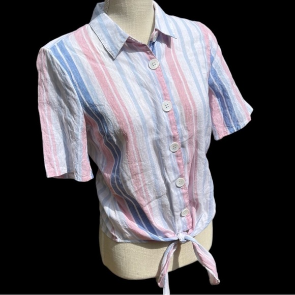 🌻Alexia Admor Blue Pink Linen Striped Button-Up Tie Short Sleeve Top Size 6 - Picture 5 of 11
